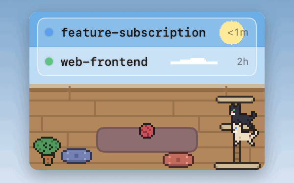 The pixel-art cat room shifting between a daytime and a nighttime scene
