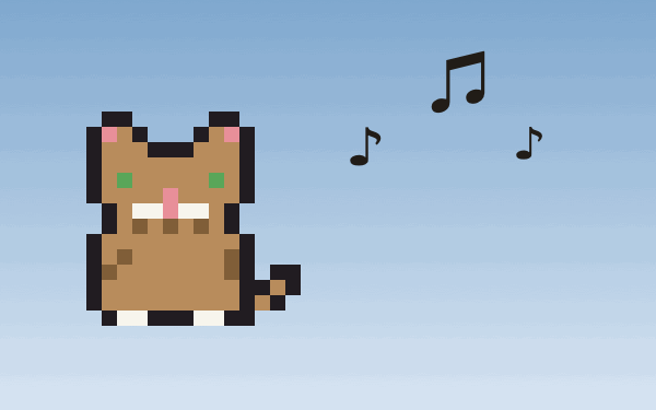 A pixel-art cat meowing with music notes floating up