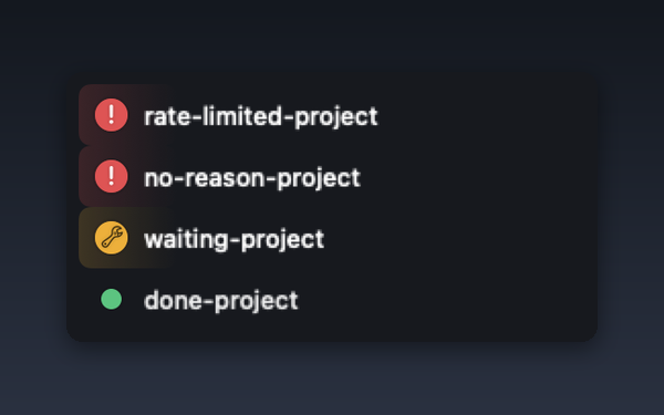 The AgentManager session list with two rows whose status dot is red with an exclamation mark, next to a waiting row and a done row