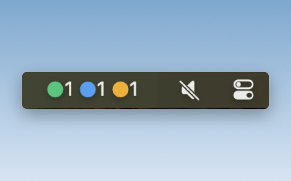macOS menu bar showing AgentManager status dots with per-status session counts