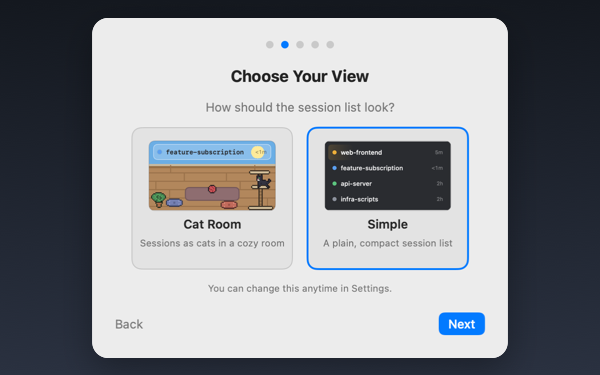 The onboarding screen where you choose between Cat Room and Simple view modes