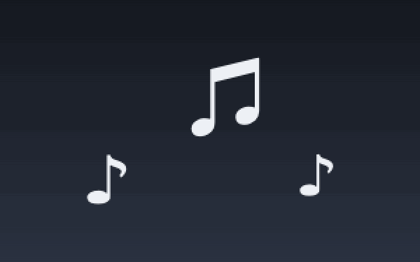 Pixel-art music notes floating up