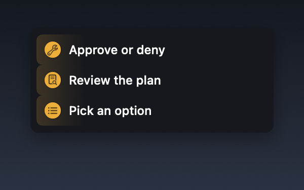 The AgentManager session list with status dots showing icons for approval, plan review, and choice — labeled Approve or deny, Review the plan, and Pick an option